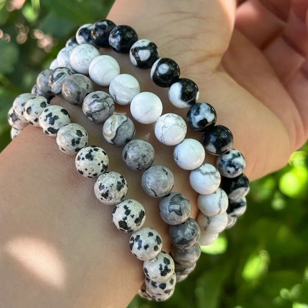 8mm stretchable black orc Howlite Picasso jasper Dalmatian bracelet set‎